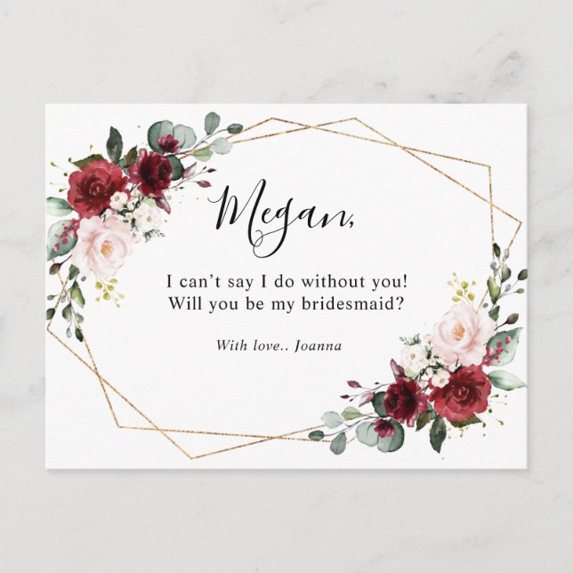 Burgundy Blush Floral Will You Be My Bridesmaid Postcard (Front)
