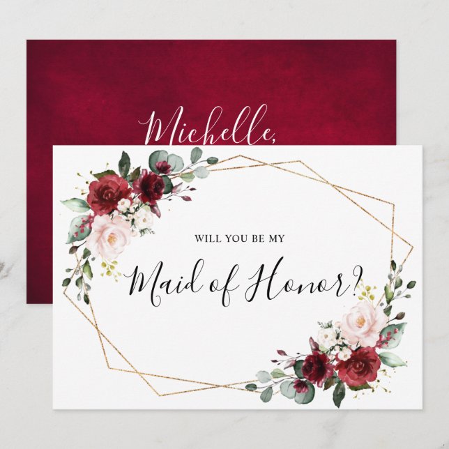 Burgundy Blush Floral Will You Be My Maid of Honou Invitation (Front/Back)