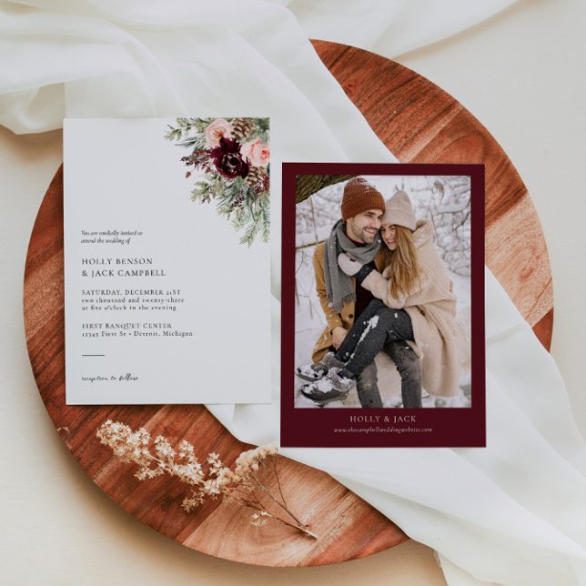 Burgundy Blush Floral Winter Wedding Invitation (Creator Uploaded)