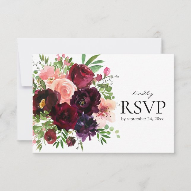 Burgundy & Blush Floral with Meal Option Wedding RSVP Card (Front)