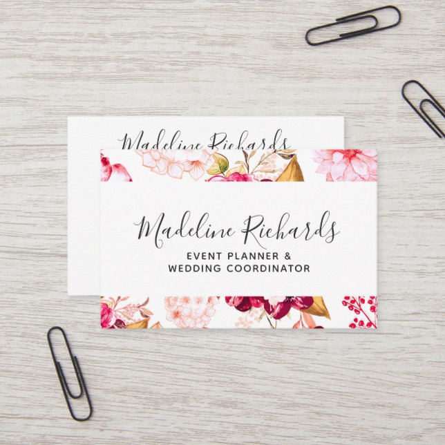 Burgundy & Blush Floral with Social Media Icons Business Card (Front/Back In Situ)