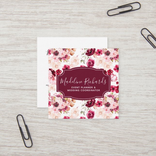 Burgundy & Blush Floral with Social Media Icons Square Business Card (Front/Back In Situ)