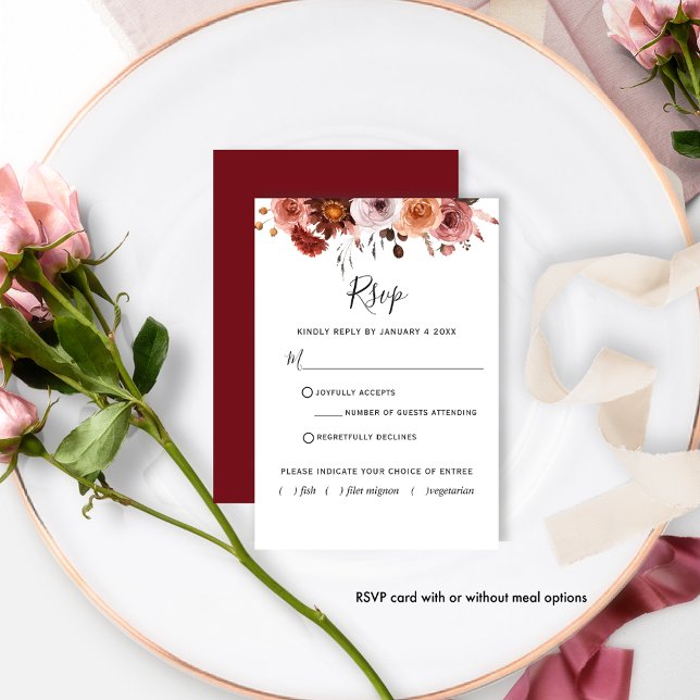 Burgundy Blush Floral with/without meal RSVP Card (Creator Uploaded)