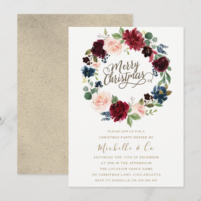 Burgundy & Blush Floral Wreath Christmas Party Invitation (Front/Back)