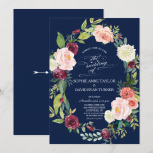 Burgundy Blush Floral Wreath Dark Blue Wedding Invitation