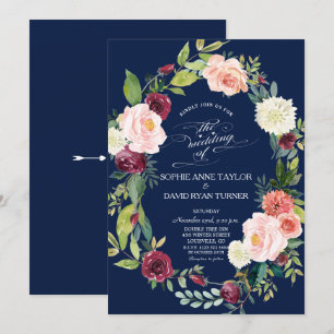 Burgundy Blush Floral Wreath Dark Blue Wedding Invitation