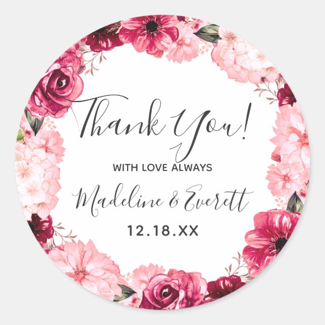 Burgundy & Blush Floral Wreath Wedding Thank You Classic Round Sticker (Front)