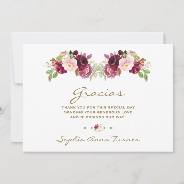 Burgundy Blush Flower Spanish Gracias Baby Shower Thank You Card (Front)