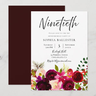 Burgundy & Blush Flowers 90th Birthday Party Invitation