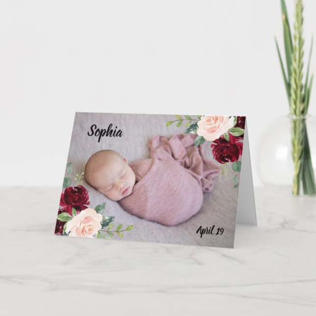 Burgundy Blush flowers Baby Girl boy Photo Newborn Card (Front)