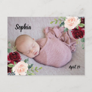 Burgundy Blush flowers Baby Girl boy Photo Newborn Postcard