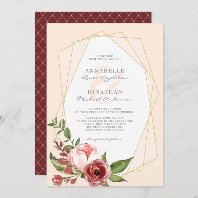 Burgundy Blush Flowers Botanical Geometric Wedding Invitation (Front/Back)