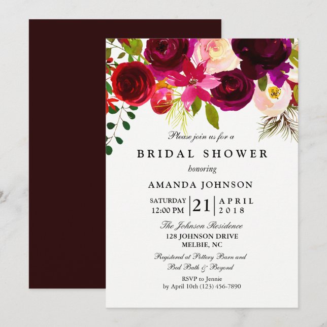 Burgundy Blush Flowers Bridal Shower Invitation (Front/Back)