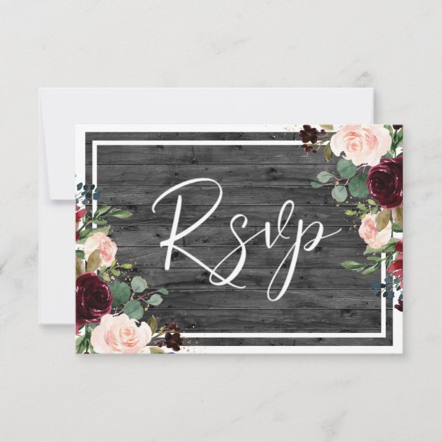 Burgundy & Blush Flowers Charcoal Wood Wedding RSVP Card (Front)