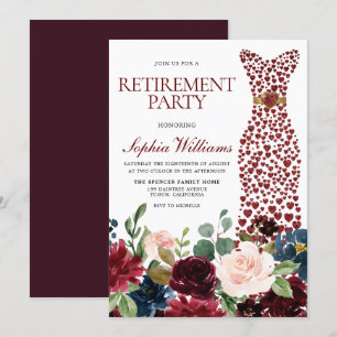 Burgundy Blush Flowers Dress Retirement Party Invitation