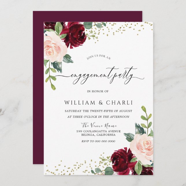 Burgundy & Blush Flowers Glitter Engagement Party Invitation (Front/Back)