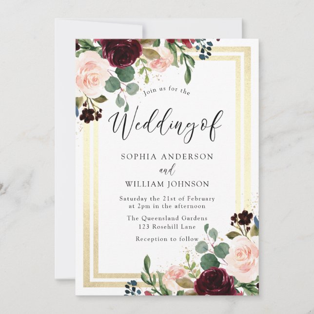 Burgundy Blush Flowers & Gold Border Wedding Invitation (Front)
