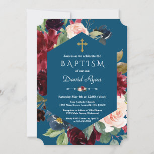 Burgundy Blush Flowers Gold Cross Blue Baptism Invitation
