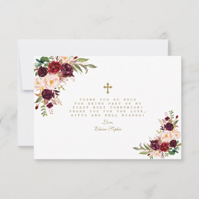 Burgundy Blush Flowers Gold Cross Holy Communion Thank You Card (Front)