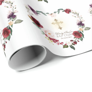 Burgundy Blush Flowers Gold Frame Cross Baptism Wrapping Paper