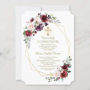 Burgundy Blush Flowers Gold Frame Holy Communion Invitation