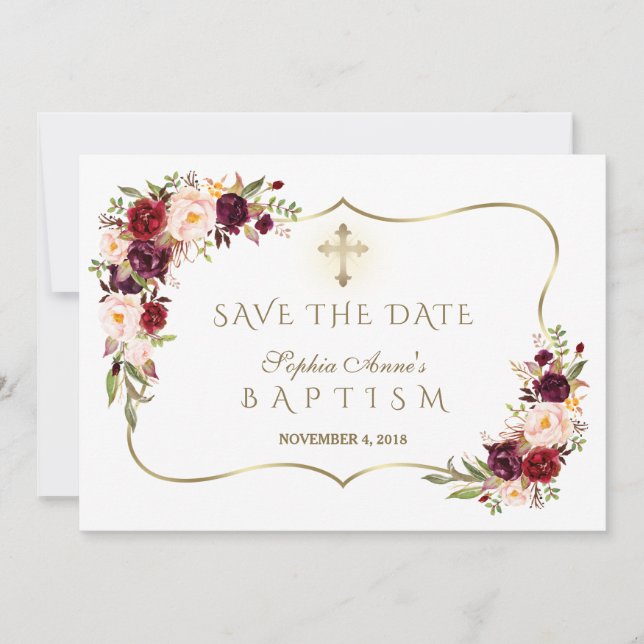 Burgundy Blush Flowers Gold Girl Baptism Save The Date (Front)