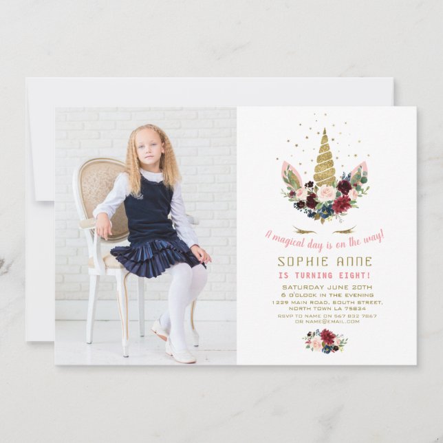 Burgundy Blush Flowers Gold Unicorn Photo Birthday Invitation (Front)