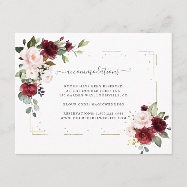 Burgundy Blush Flowers Gold Wedding Accommodations Enclosure Card (Front)