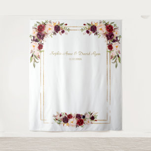 Burgundy Blush Flowers Gold Wedding Photo Booth Tapestry