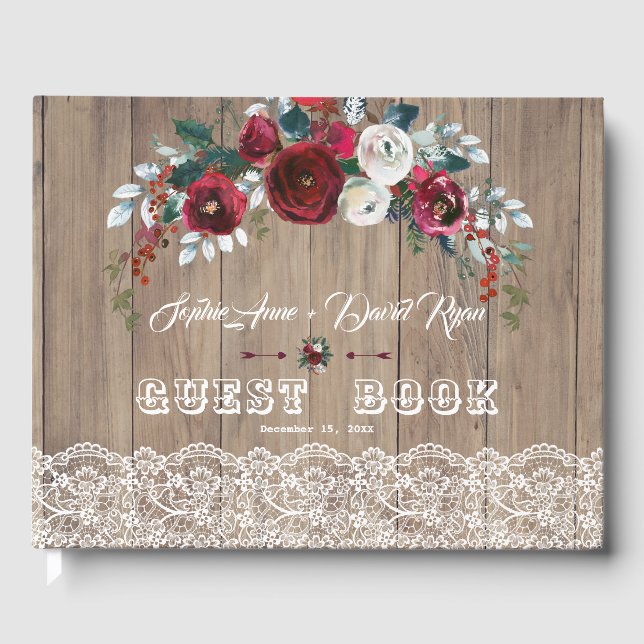 Burgundy Blush Flowers Lace Wood Wedding Guest Book (Front)