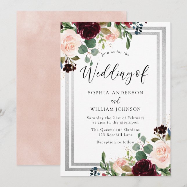 Burgundy Blush Flowers & Silver Spring Wedding Invitation (Front/Back)