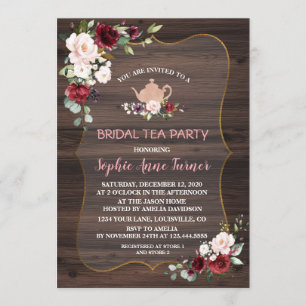 Burgundy Blush Flowers Wood Bridal Tea Party Invitation