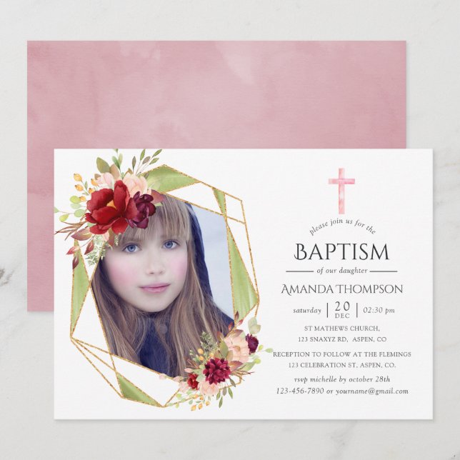 Burgundy & Blush Geometric Baptism or Christening Invitation (Front/Back)