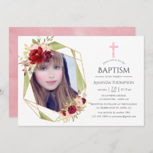 Burgundy & Blush Geometric Baptism or Christening Invitation