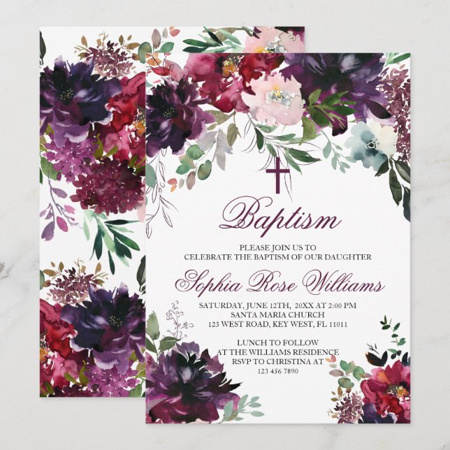 Burgundy Blush Girl Baptism Invitation (Front/Back)