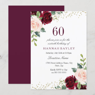 Burgundy Blush Glitter 60th Birthday Party Invitation