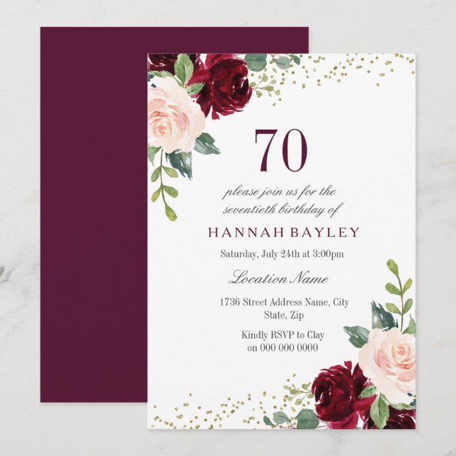 Burgundy Blush Glitter 70th Birthday Party Invitation (Front/Back)