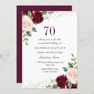 Burgundy Blush Glitter 70th Birthday Party Invitation