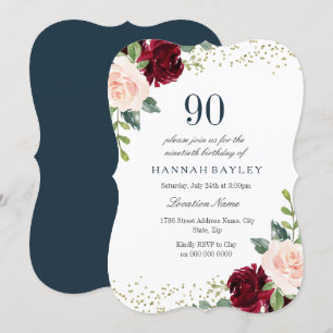 Burgundy Blush Glitter 90th Birthday Party Invite