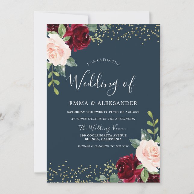 Burgundy Blush Glitter Fall Autumn Wedding Invite (Front)