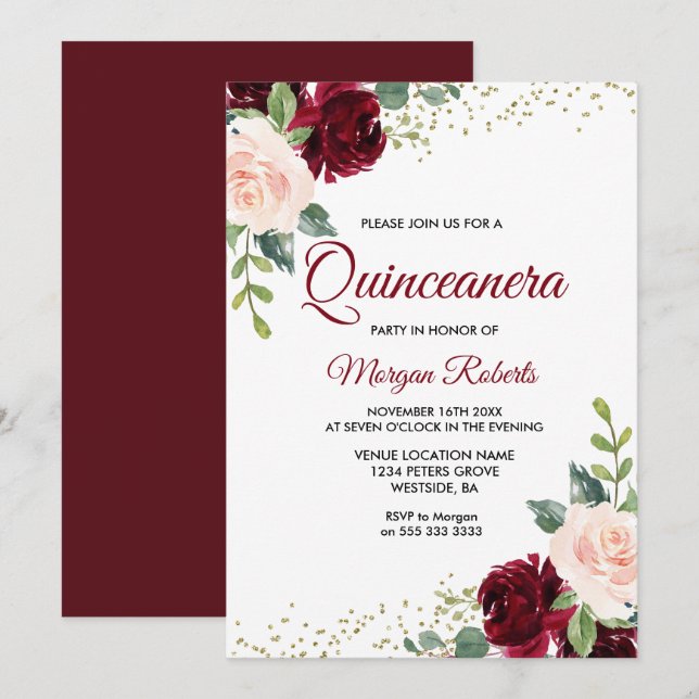 Burgundy Blush Glitter Floral Quinceanera Invitation (Front/Back)