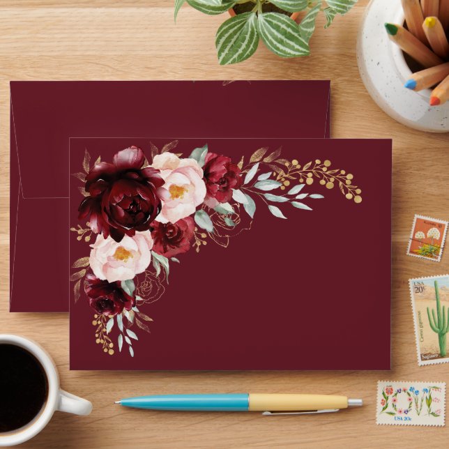 Burgundy Blush Gold Floral Butterfly Wedding Envelope (Desk)