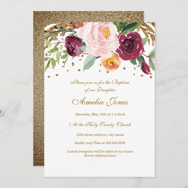 Burgundy Blush Gold Floral Glitter Baptism Invitation (Front/Back)