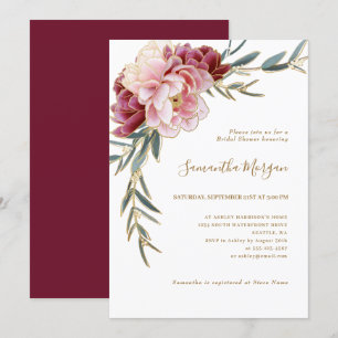 Burgundy Blush Gold Floral Greenery Bridal Shower Invitation