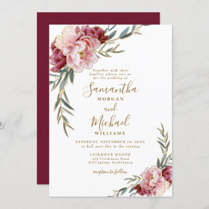 Burgundy Blush Gold Floral Greenery Wedding Invitation