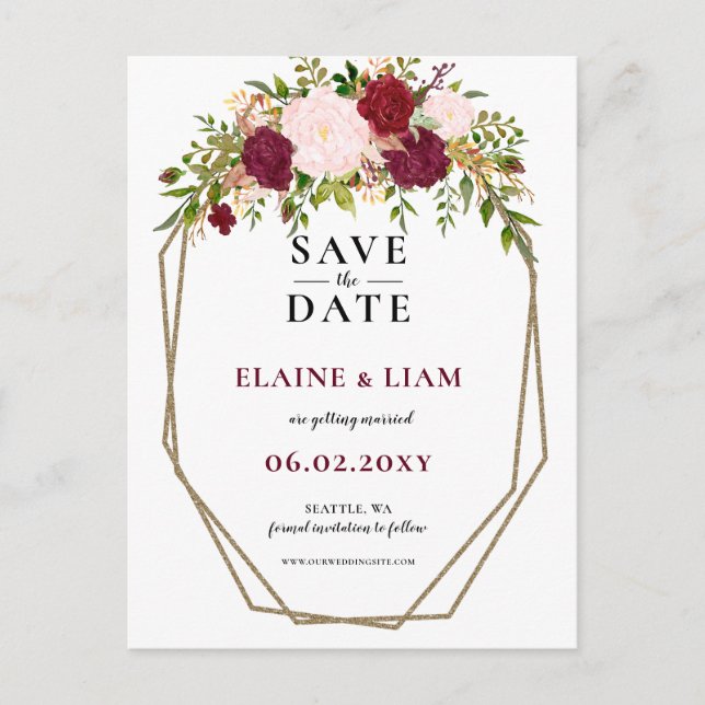 Burgundy Blush Gold Floral Monogram  save the date Announcement Postcard (Front)