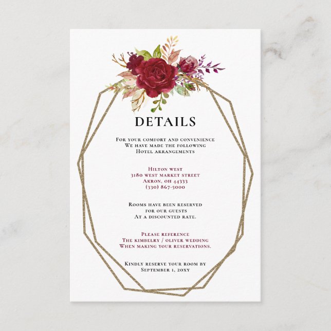 Burgundy Blush Gold Floral Monogram Wedding Enclosure Card (Front)