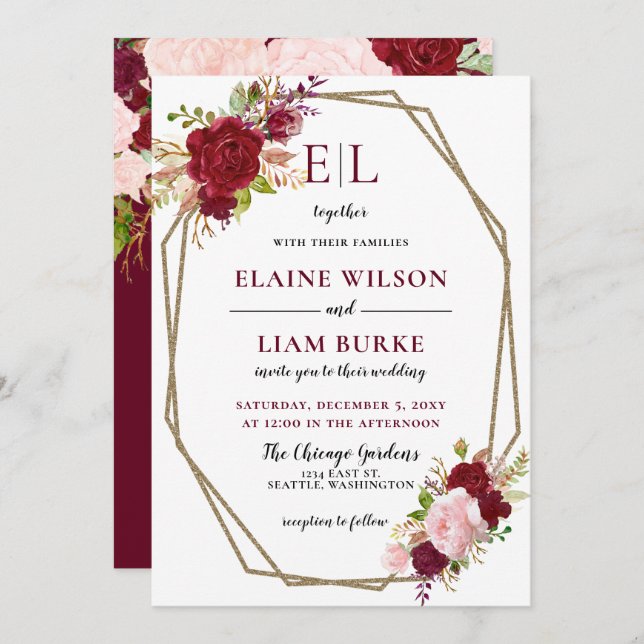 Burgundy Blush Gold Floral Monogram Wedding Invitation (Front/Back)