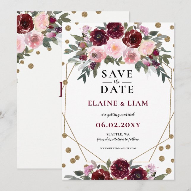 Burgundy Blush Gold Floral Monogram Wedding Save T Save The Date (Front/Back)
