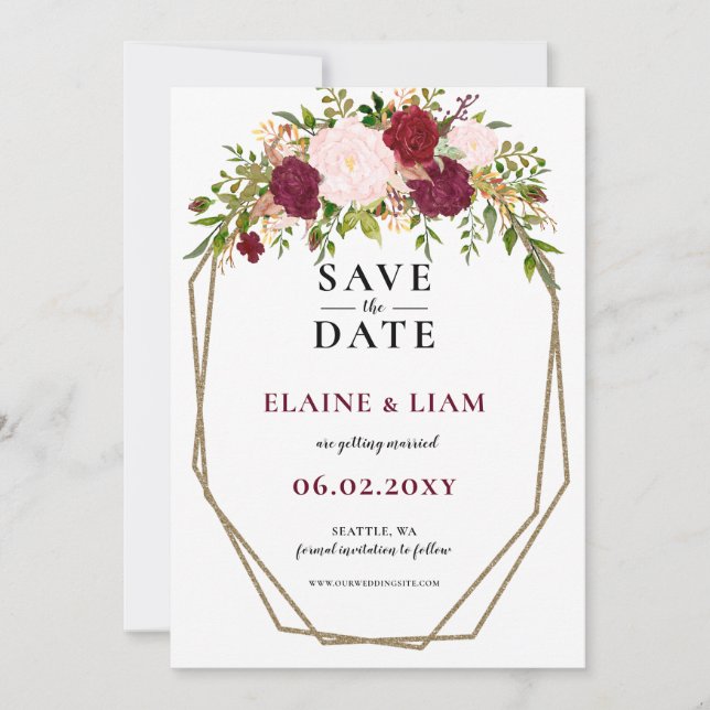 Burgundy Blush Gold Floral Monogram Wedding Save The Date (Front)